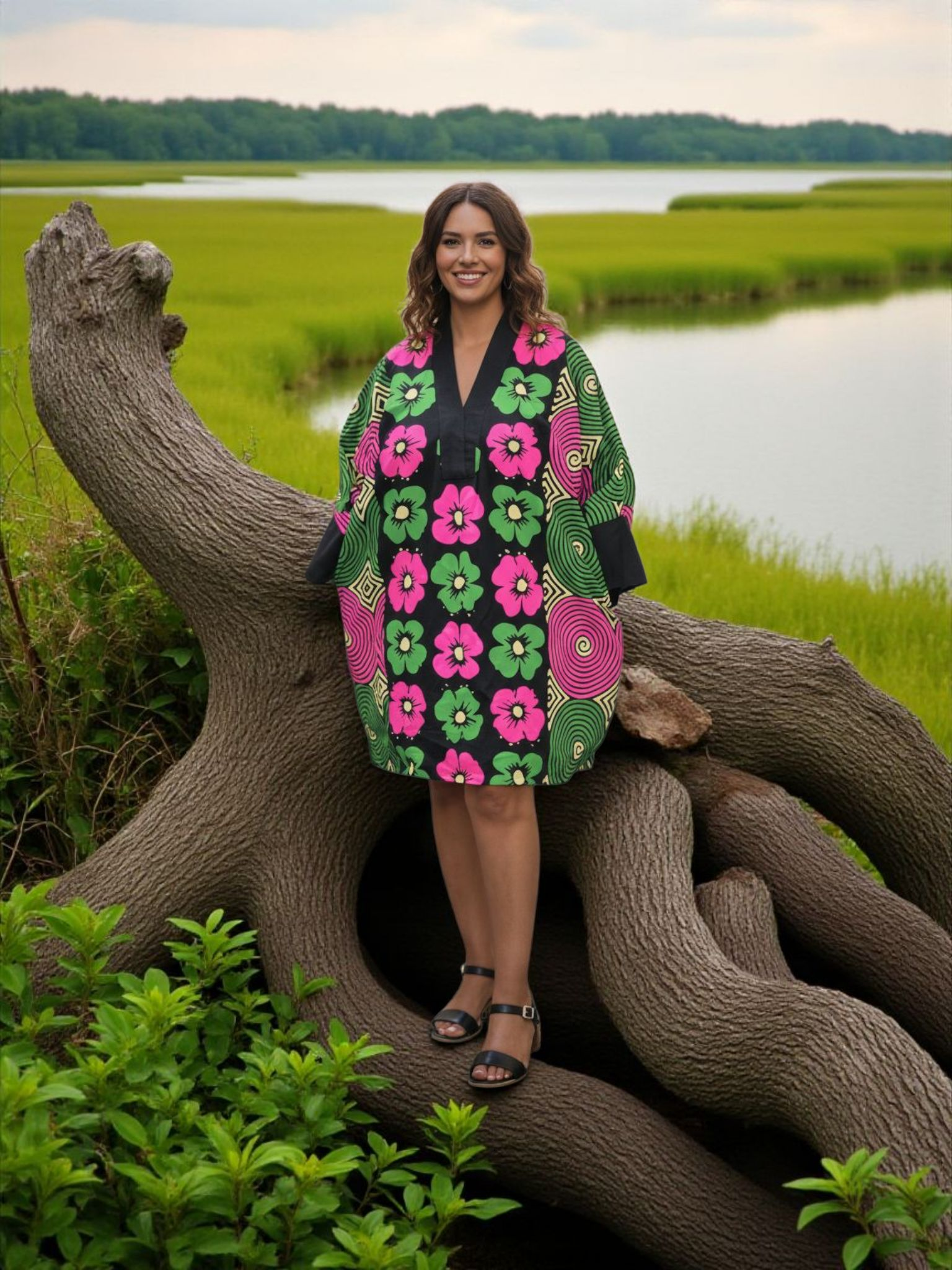 Green and pink summer dress